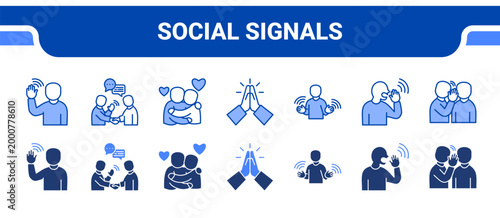 Social Signals Icon Collection,  featuring Waving, Greeting, Hugging, High Five, Body Language, Shouting, Whispering.