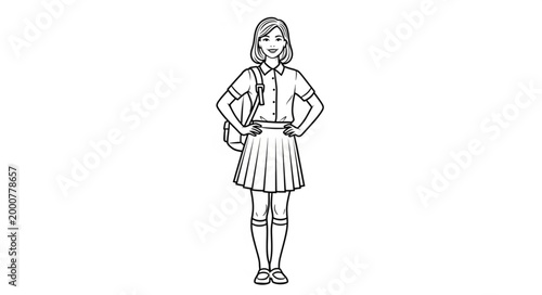 Sketch of a Happy School Girl with Backpack.