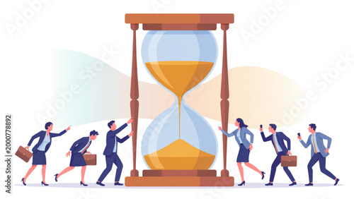 Team of business people walking together under a large hourglass symbolizing time management and productivity Vector