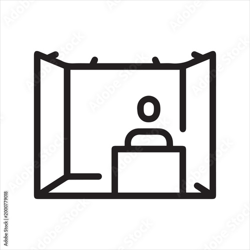 Exhibition stand with person, linear icon. Promotional display and trade show presentation. Line with editable stroke.