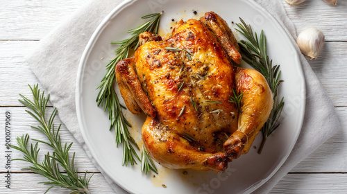 Whole roasted chicken with herbs and garlic on white plate, food photography