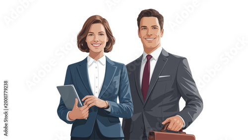 Professional man and woman standing together smiling in office attire Vector