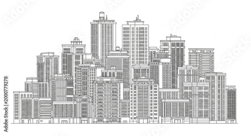 Sketch of a Modern City Skyline with Tall Buildings.