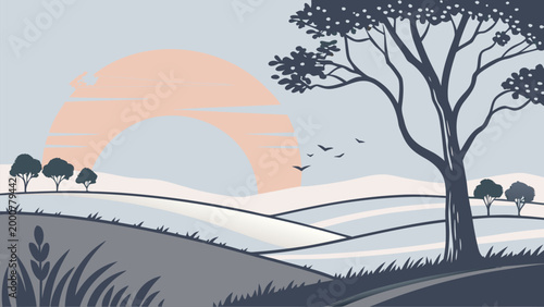 Flat vector illustration of a peaceful countryside scene featuring rolling hills, a large tree, and a setting sun. Ideal for nature, environment, and tranquility themes.