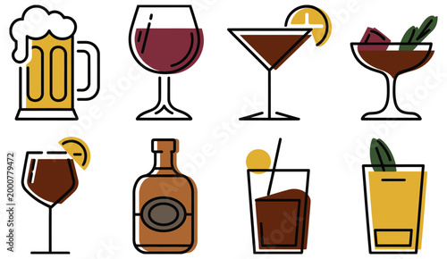 Eight different types of alcoholic beverages icon, collection of drink symbols including wine beer whiskey cocktail champagne vodka rum and tequila, clean vector style for menu bar and restaurant 