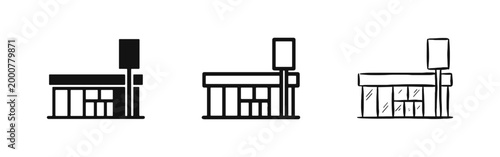 Retail Store Building Icon Set - Shop Front with Signage Outline and Sketch Styles