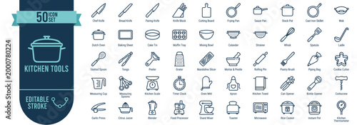 Huge Set Kitchen Tools 50 Line Icons - Cooking Utensils Appliances and Kitchenware Editable Stroke Vector
