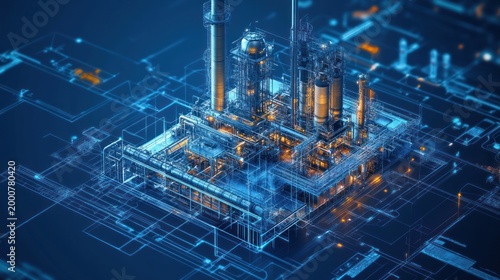Digital refinery infrastructure, intricate design, technological background, industrial plant