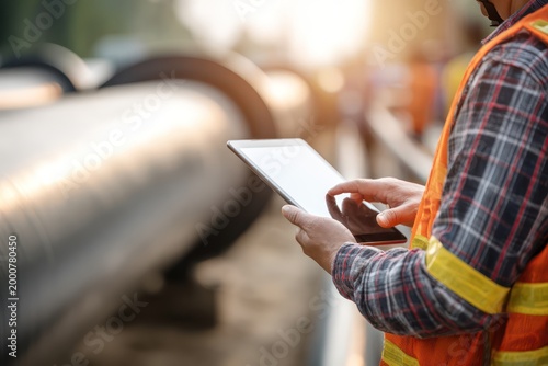 Utility worker monitoring gas pipeline with tablet