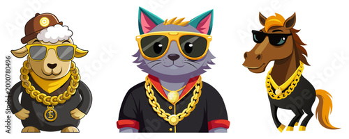 A collection of stylish animal characters, including a sheep, cat, and horse, rocking hip-hop fashion with gold chains and sunglasses.