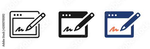 Signature icon with pen tool on web page interface. Symbol for signing, approving, and managing digital documents in browser or software environments.