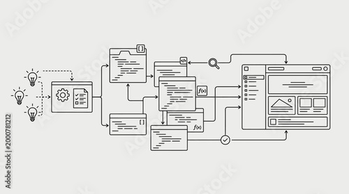 Illustrating software development workflow, from idea and coding to final web interface. Concept of programming, UI/UX design, and digital transformation.