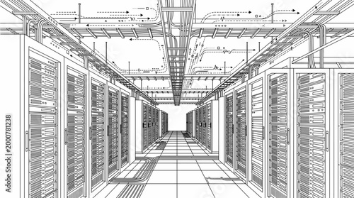 Modern data center with server racks and overhead cable trays. High-tech infrastructure, cloud computing, and big data storage concept in a clean vector style.