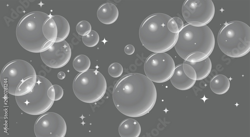 Realistic transparent soap bubbles grey gradient. flying glass spheres, water drops, bright sparkles. for clean hygiene detergent packaging, laundry banner. stock vector art.