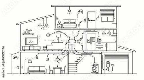 Smart home showing a central router connected to appliances, security cameras, and lighting. Internet of Things (IoT) and home automation concept.