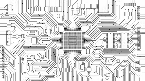 Intricate, futuristic circuit board diagram featuring detailed components, quantum interface, and deep learning accelerator paths. Concept of advanced AI.