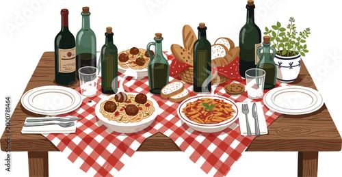 
Traditional Italian Dining Table Scene with Checkered Tablecloth, Pasta, Wine Bottles, Bread, and Herbs for Restaurant Menu Designs
Traditional Italian Dining Table Scene with Checkered Tablecloth, 