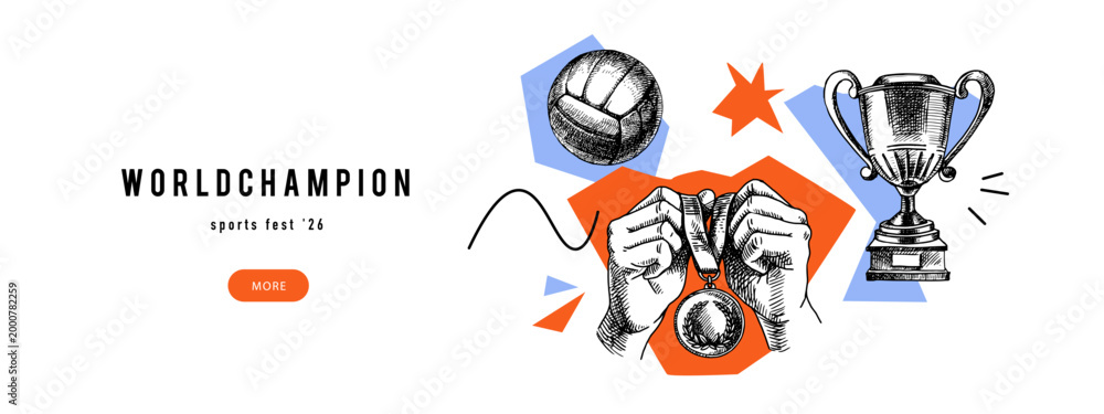 Fototapeta premium Background collage with sport trophy, medal and game balls, hand drawn collage design in vintage sketch style. International Sports Day poster. Vector isolated illustration