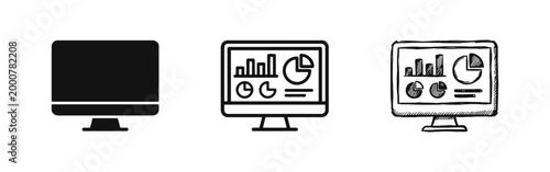 Data analysis and business dashboard icons showing computer monitor with various financial charts and graphs.