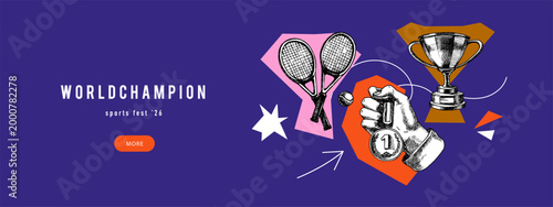 Background with sport trophy, medal and game balls, hand drawn collage design in vintage sketch style. International Sports Day poster. Vector isolated illustration