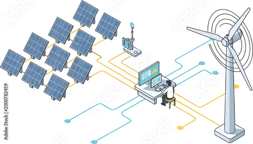 Modern isometric illustration showing a smart energy monitoring setup with multiple solar panels, a wind turbine, and a technician analyzing data on a computer dashboard.