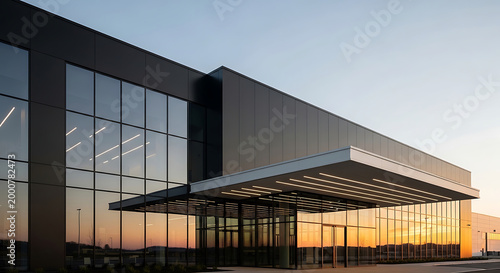 Modern corporate office building with a sleek black facade and glass windows reflecting a vibrant sunset showcasing contemporary commercial architecture and design
