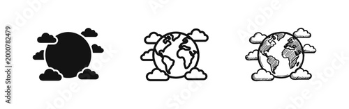 Global and environmental icons showing planet earth surrounded by clouds in three artistic styles.