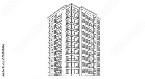 Sketch of a Tall Residential Building with Many Windows.
