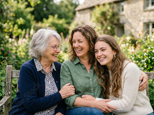Grandmother, mother, and granddaughter sitting on a garden bench