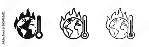 Global warming and climate change icons with burning earth and a thermometer showing high temperature.