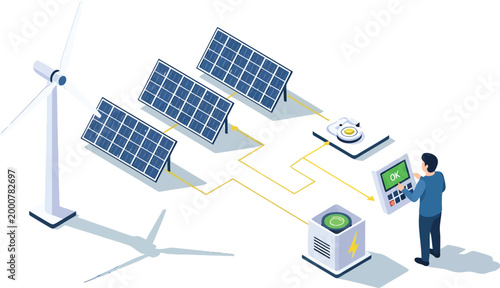 Isometric illustration of a smart renewable energy system combining solar panels and a wind turbine connected to a control unit and battery storage.