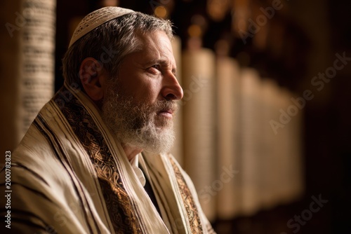 Jewish rabbi at synagogue with warm light