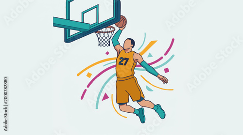 Basketball player performing a slam dunk with colorful abstract background