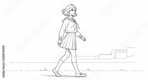 Sketch of a young girl walking on a sidewalk.