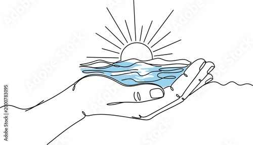 Gentle cupped hands hold a serene seascape with a vibrant sunrise over the ocean waves.