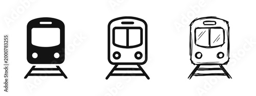 Public transport icons showing the front of a train on tracks in various artistic styles.