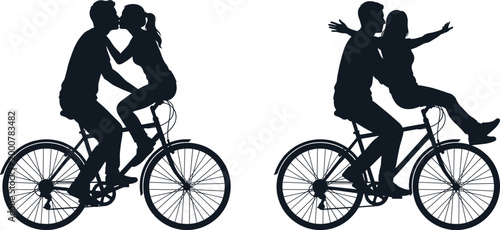 Silhouette of a romantic young couple riding a bicycle together, kissing and cheering with arms outstretched, isolated on a white background for design