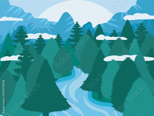Flat Design Mountain River Landscape Illustration