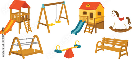 Child playground mega set cartoon graphic design outdoor wooden swings houses slides carousel balance toys flat vector illustration collection