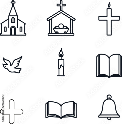 Minimalist outline icon pack of 8 religion symbols church star nativity candle cross dove book bell crescent moon bold clean lines white background -1