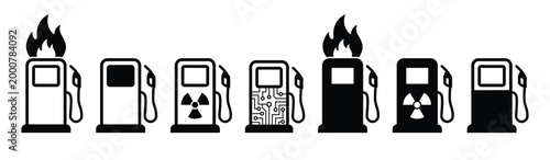 Set of fuel pump icons representing different energy sources