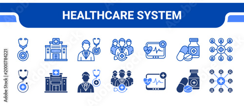 Healthcare System Icon Collection,  featuring Healthcare, Hospital, Doctor, Medical Team, Monitoring, Medicine, Health Network.