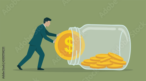 Businessman Pushing Large Dollar Coin into Savings Jar