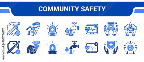 Community Safety Icon Collection,  featuring Defense, Disaster, Emergency, Sanitation, Monitoring, Health Protect, Community.