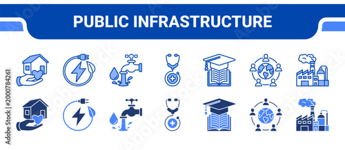 Public Infrastructure Icon Collection,  featuring Housing, Energy, Sanitation, Healthcare, Education, Community, Industry.