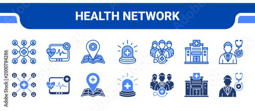 Health Network Icon Collection,  featuring Health Network, Monitoring, Location, Emergency, Medical Team, Hospital, Doctor.