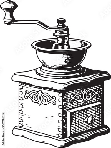 Vintage coffee grinder engraving illustration black white retro vector isolated on white background