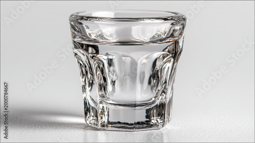 Close-up of an empty, heavy-bottomed shot glass with patterned sides, drinking glass