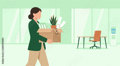 Woman leaving office with personal items in cardboard box, job change concept