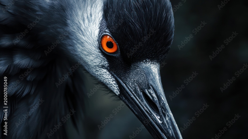 Fototapeta premium Close-up Portrait of a Crane in Dark Background. Possible Use Nature Photography